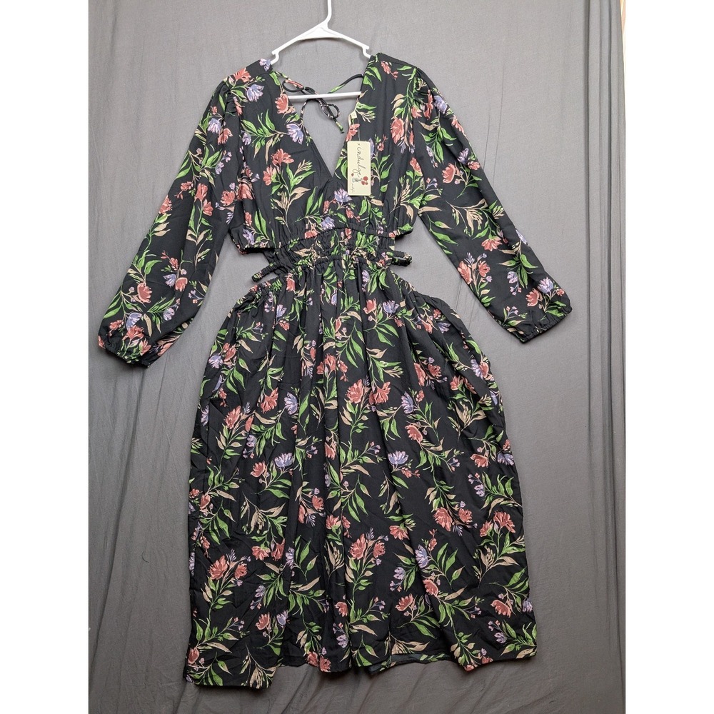 Indulge Floral Midi Dress Long Sleeve Cutout Waist Black XL